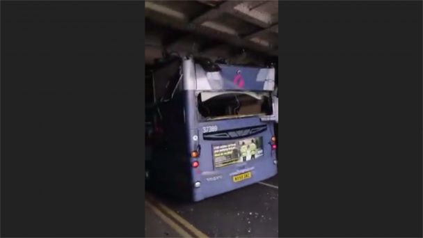 Double-Decker bus accident, bridge strike (Video)